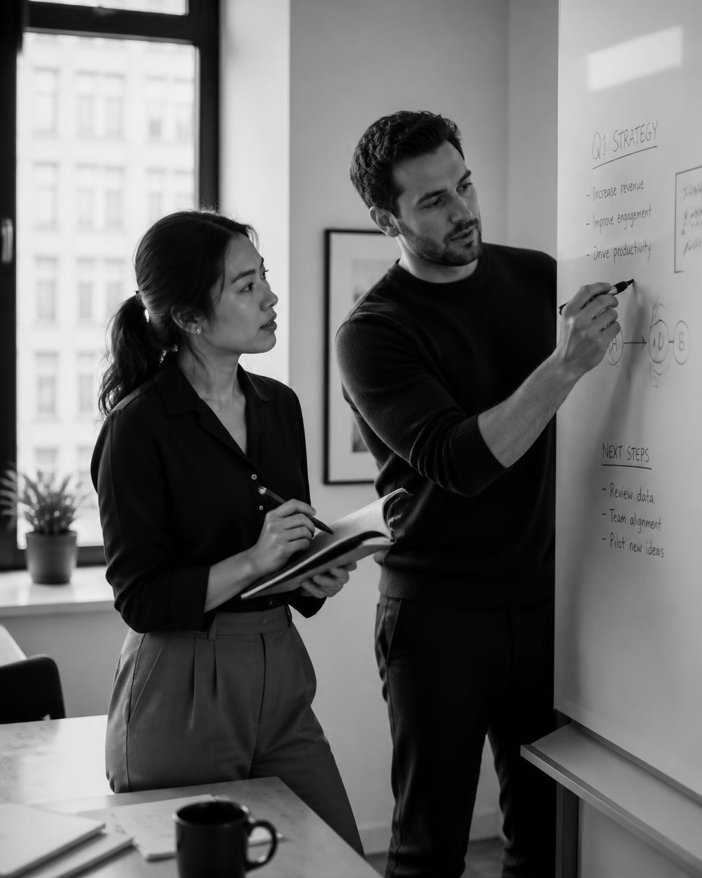 Two consultants working through a commercial plan at a whiteboard